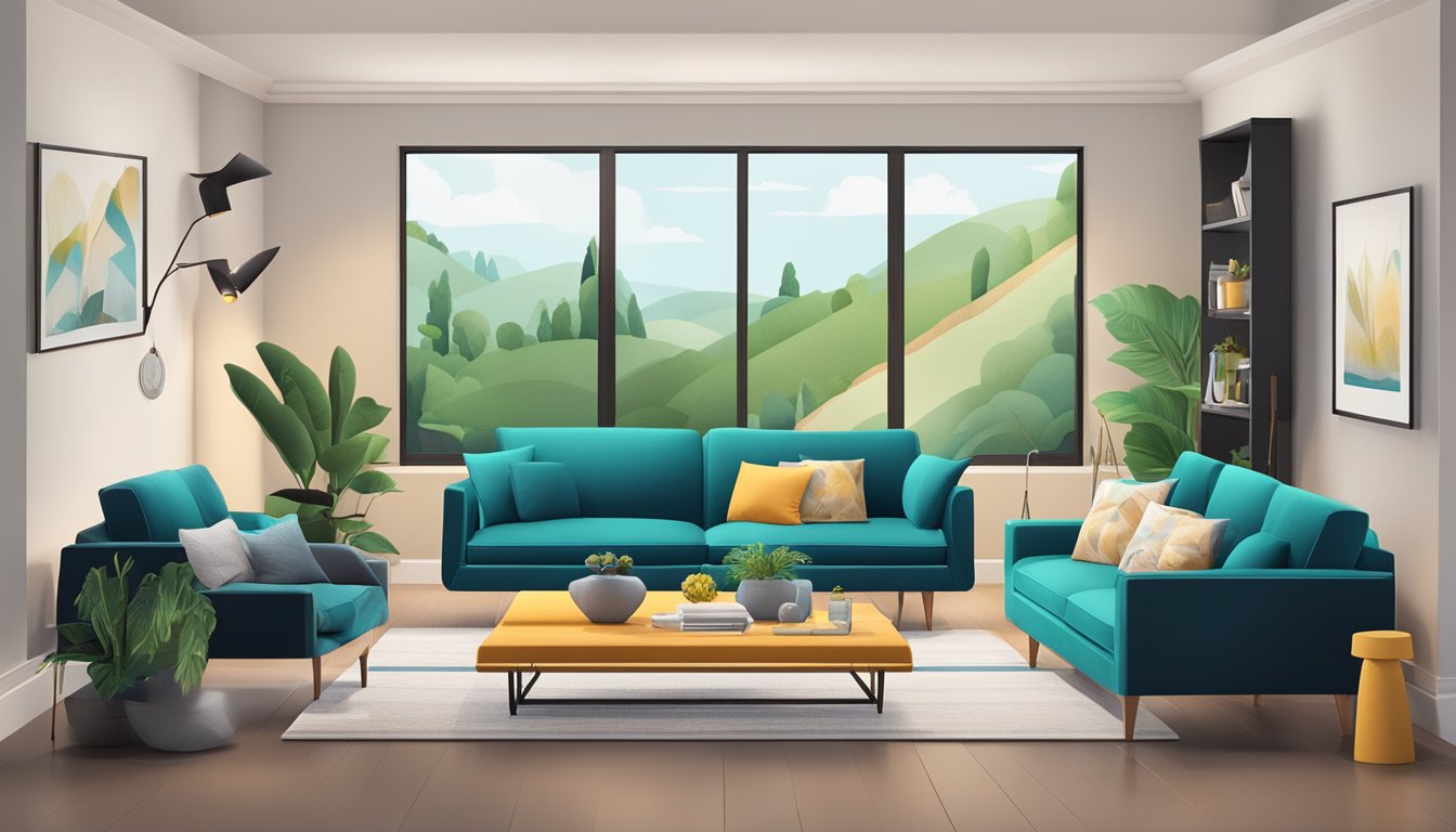 A cozy living room with a variety of stylish couches displayed on a sleek and modern website interface. Vibrant colors and detailed descriptions make it easy for customers to find the perfect couch