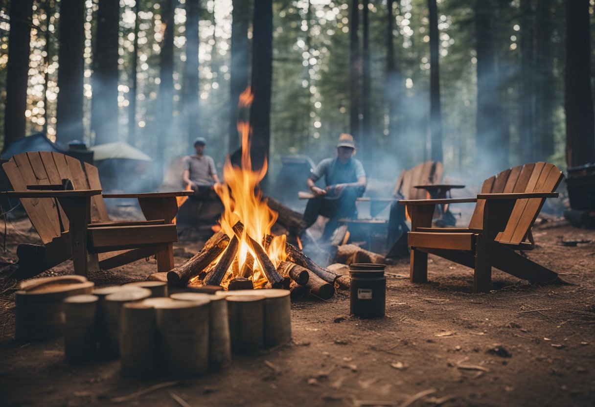 A campfire is being built and tended to in a wooded area, surrounded by camping gear and supplies. The flames are being carefully managed to provide warmth and light for the campers