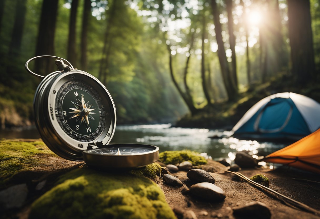 A compass points north in a dense forest. A tent is pitched near a flowing river, with a roaring campfire and a map spread out on the ground