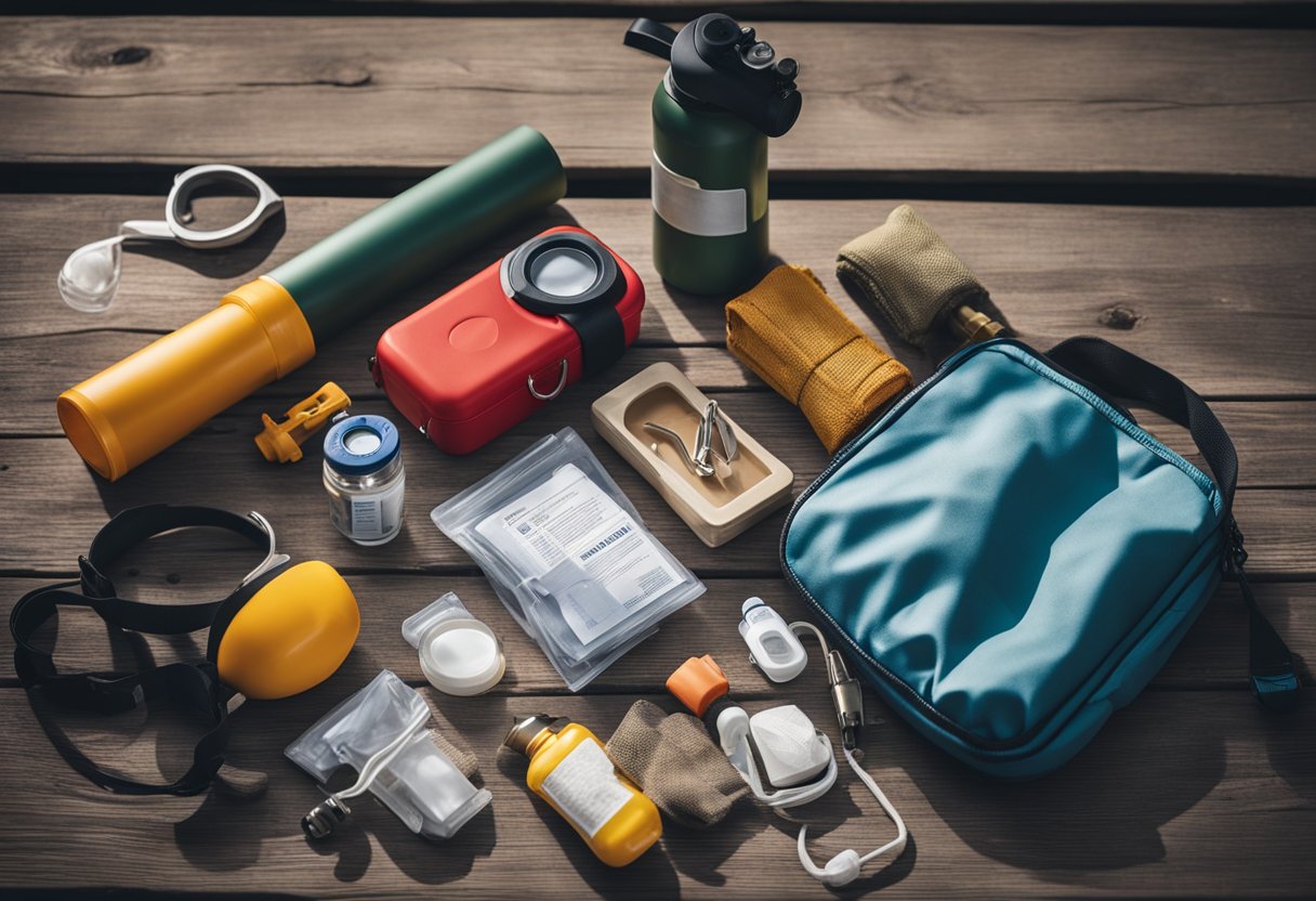 A first-aid kit sits atop a wooden table next to a campfire, surrounded by various health supplies and survival gear, including a water bottle, flashlight, and emergency blanket