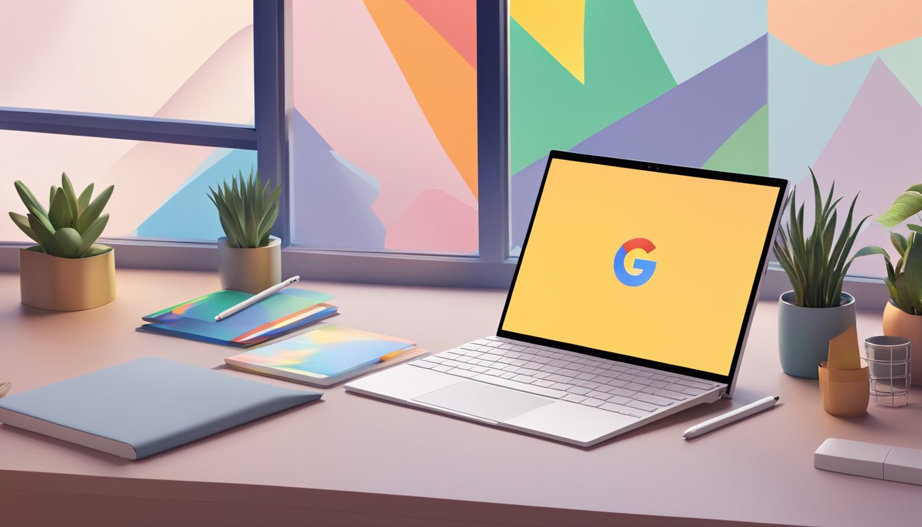 A sleek Google Pixelbook sits on a modern desk with a colorful background. The laptop is open, displaying the Google logo on the screen
