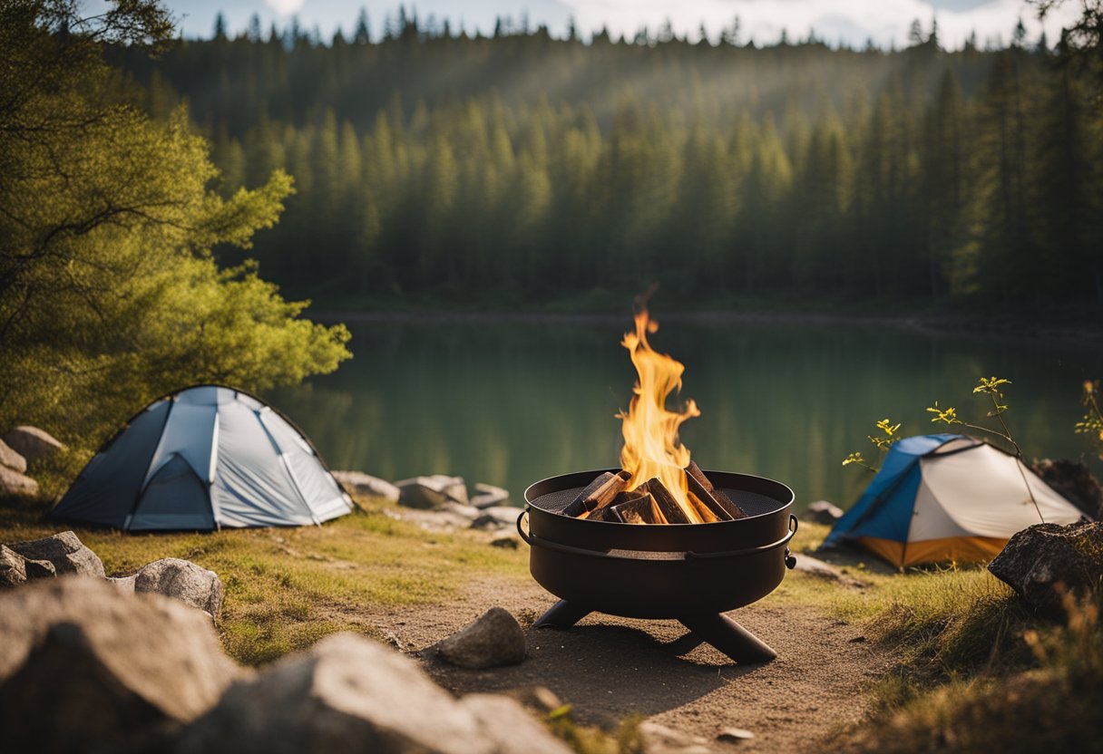 A campsite with a fire pit, surrounded by untouched wilderness. Tents are set up with minimal impact on the environment. Trash is properly disposed of and all belongings are neatly stored