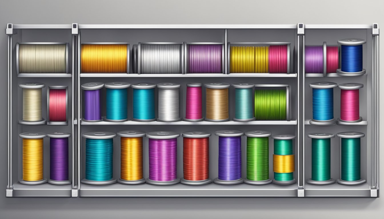 A display of various craft wire spools on shelves with price tags. Colorful packaging and a variety of wire thicknesses and materials