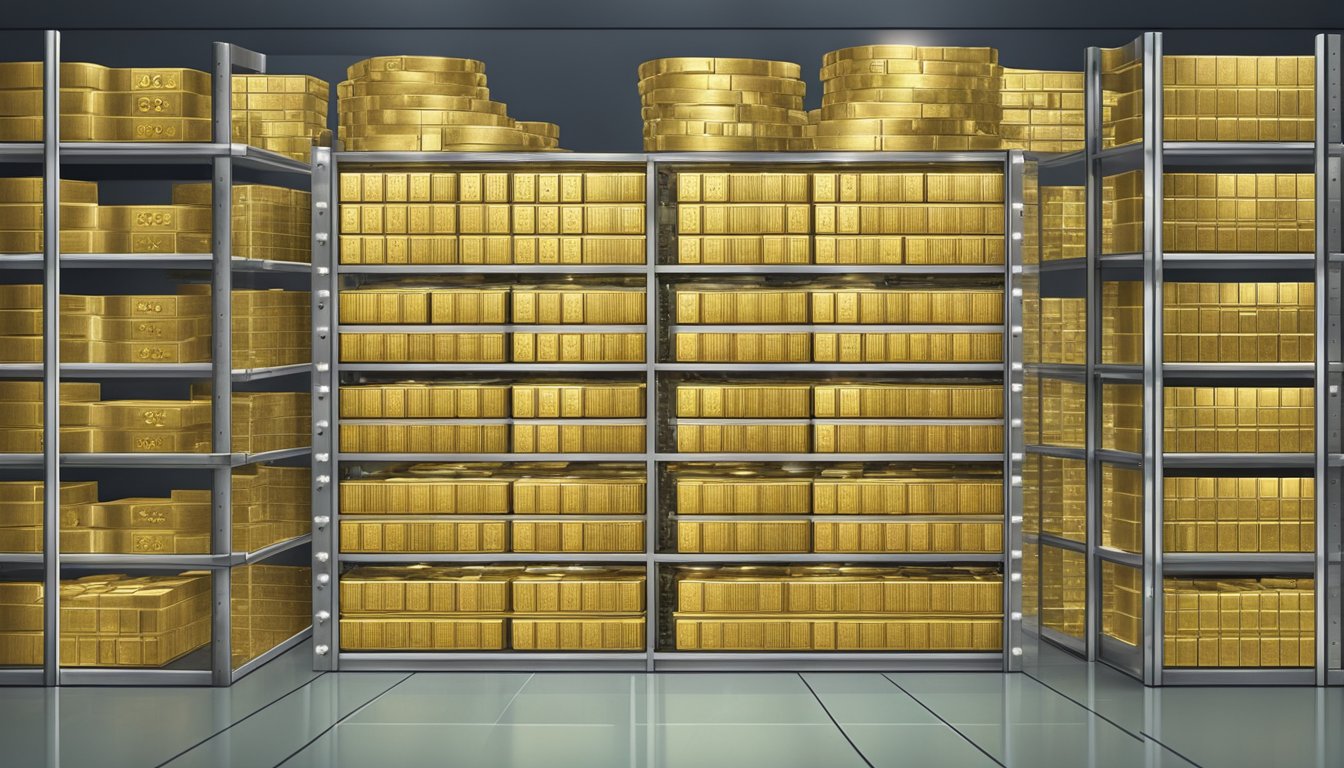 A secure vault with rows of gold bullion coins neatly stacked and labeled, surrounded by advanced security systems and surveillance cameras