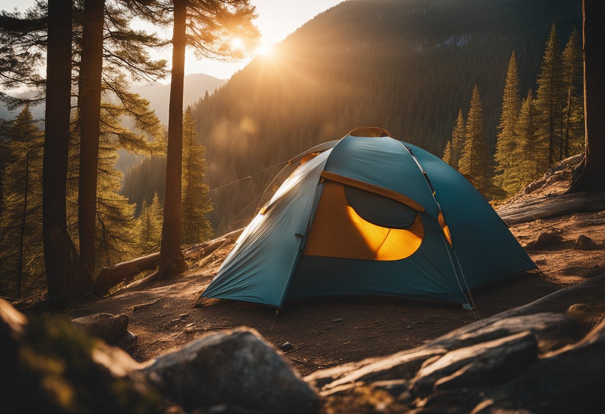 A tent pitched on a rugged mountainside, surrounded by dense forest. A crackling campfire illuminates the scene, as the sun sets behind the peaks