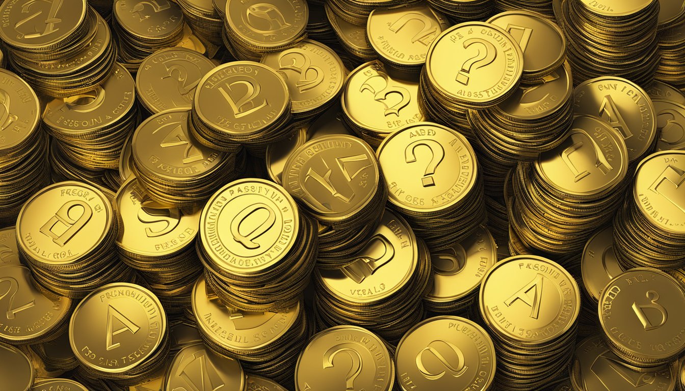 A stack of gold bullion coins with a "Frequently Asked Questions" sign in the background