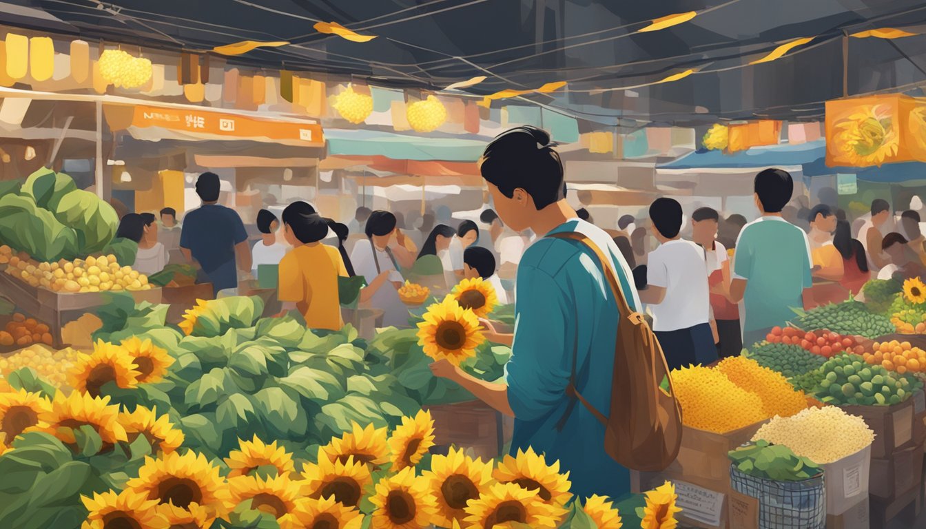 A person holding a vibrant sunflower while standing in a bustling Singapore market
