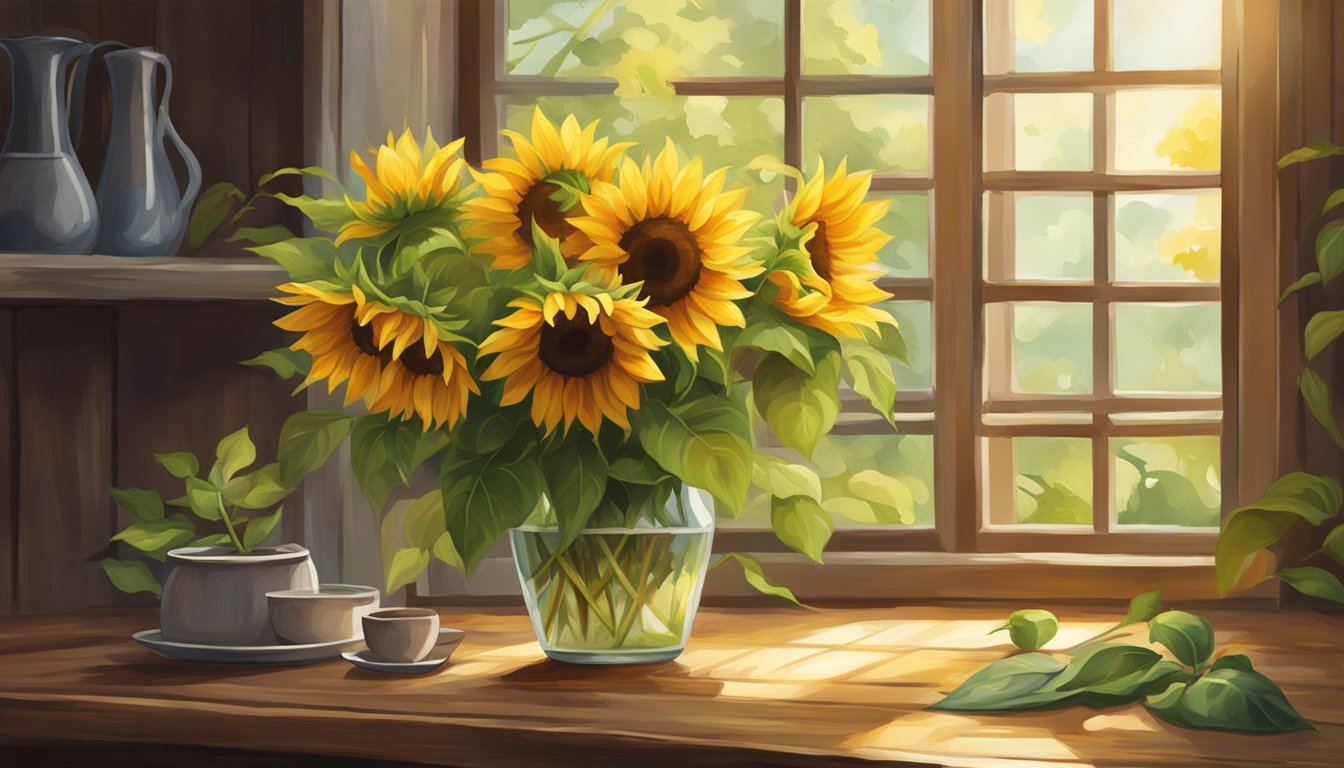 A bright yellow sunflower bouquet sits on a rustic wooden table, surrounded by lush green foliage. Sunlight streams in through a nearby window, casting a warm glow on the cheerful arrangement