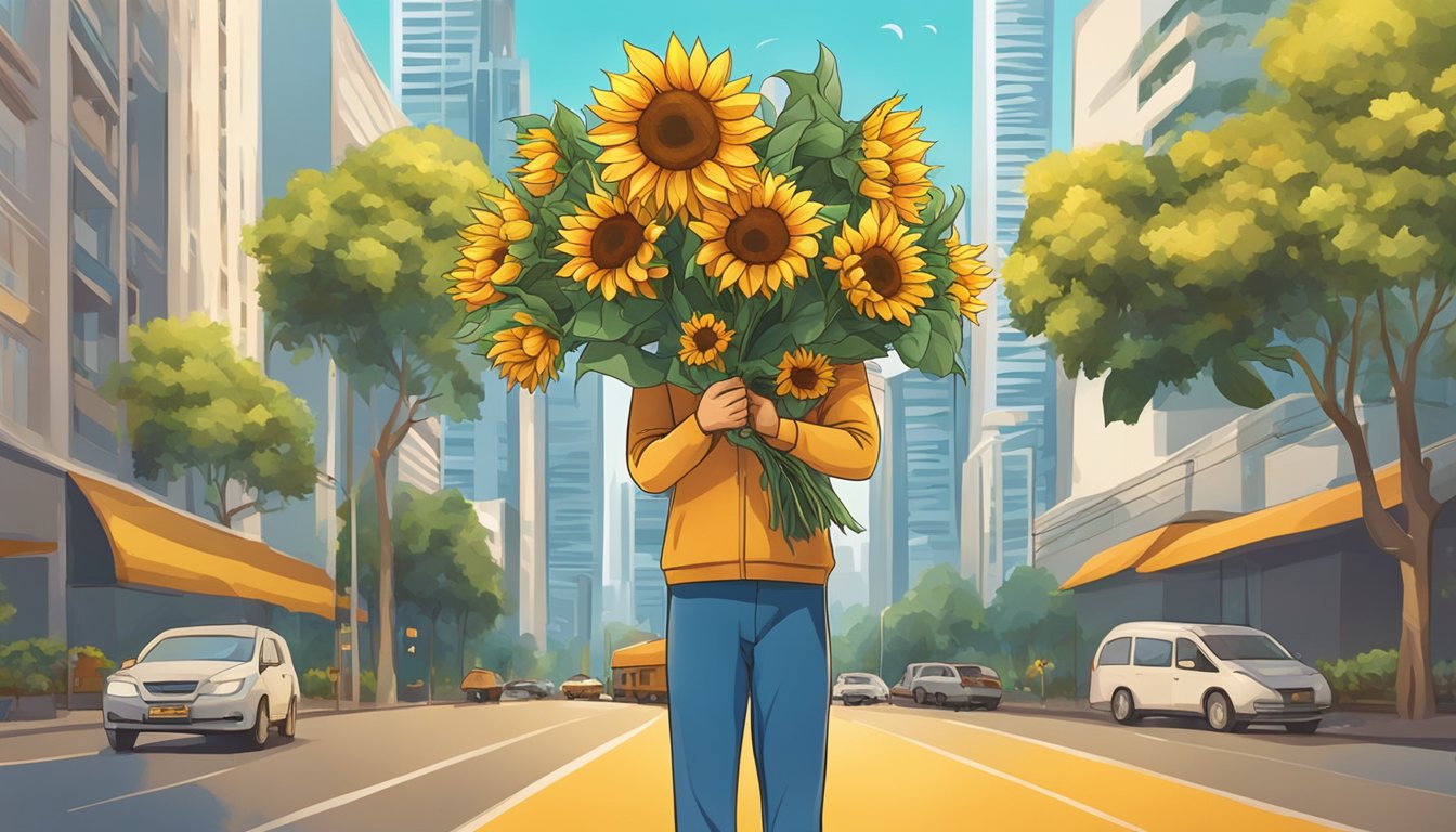 A delivery person holds a vibrant bouquet of sunflowers against a backdrop of the Singapore cityscape