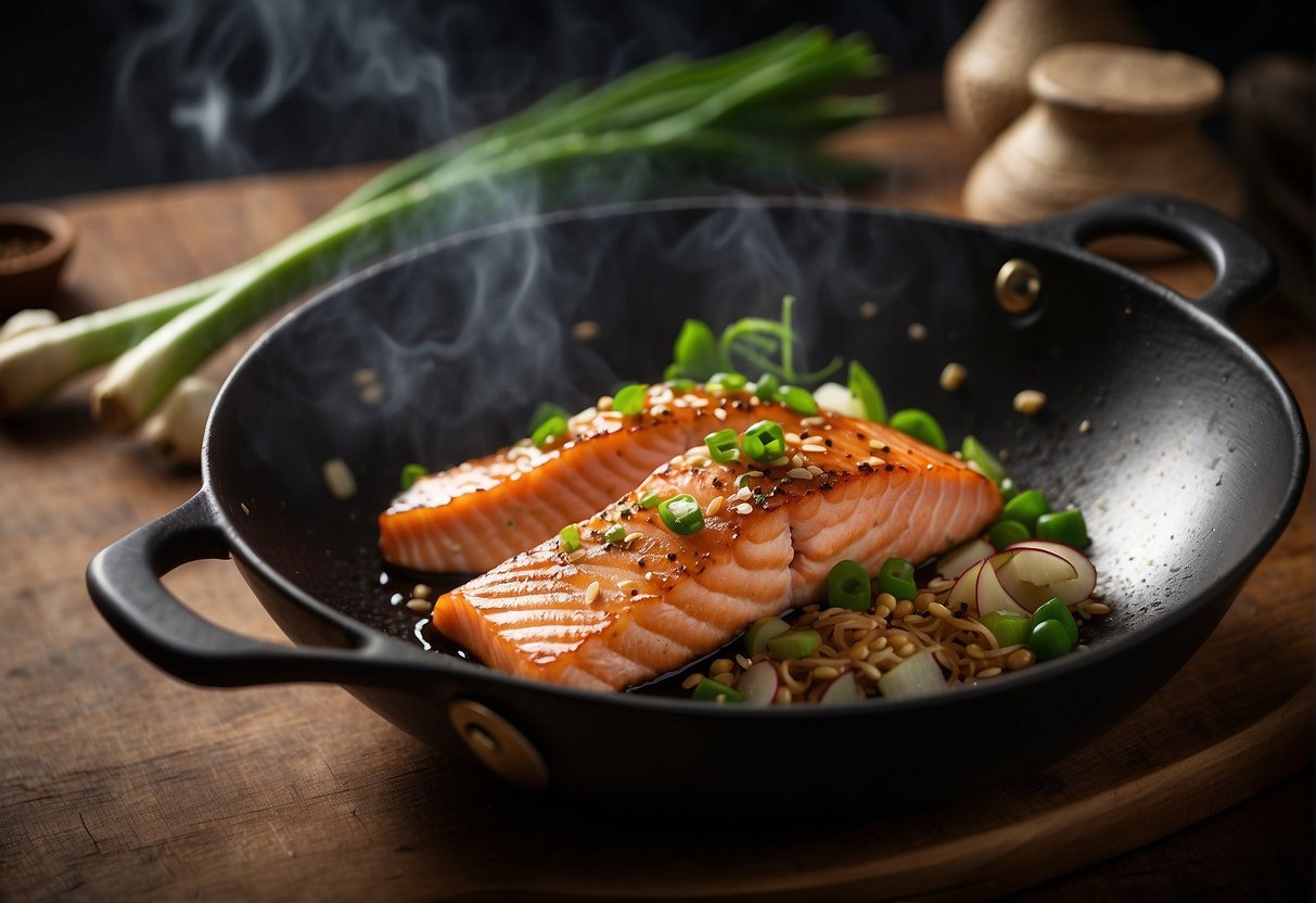 A sizzling wok tosses marinated salmon with ginger, garlic, and soy sauce. Green onions and sesame seeds garnish the dish