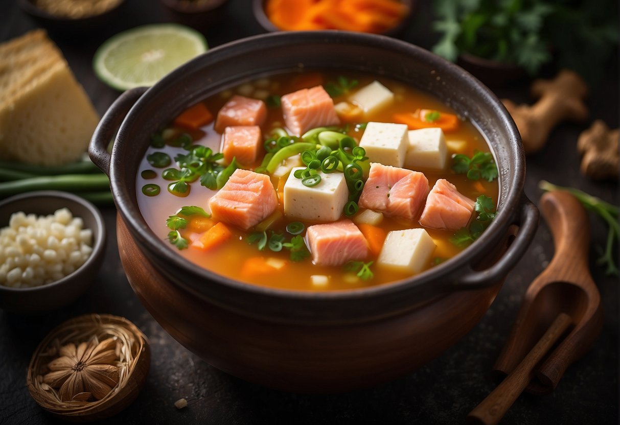 A pot of simmering salmon soup with ginger, scallions, and tofu, surrounded by traditional Chinese spices and ingredients