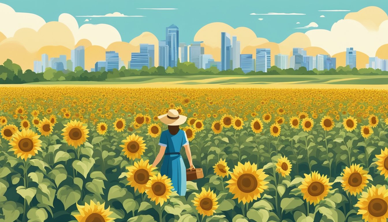 Sunflower field with clear blue sky, a sign with "Frequently Asked Questions buy sunflower singapore" in bold letters, and people picking sunflowers in the background