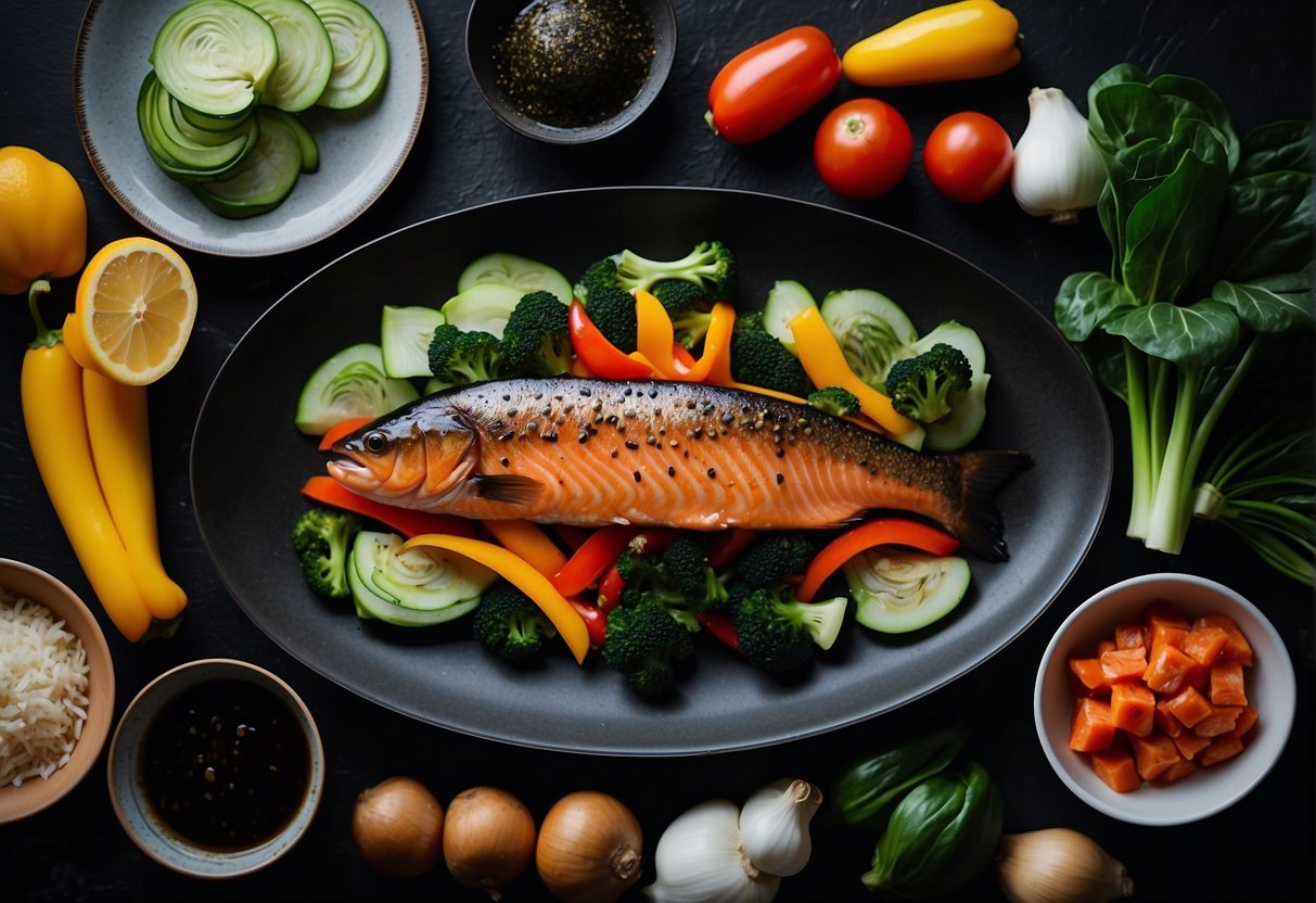 A whole salmon, marinated in soy sauce, ginger, and garlic, then grilled to perfection. Surrounding the fish are colorful vegetables like bok choy and bell peppers, adding to the visual appeal of the dish