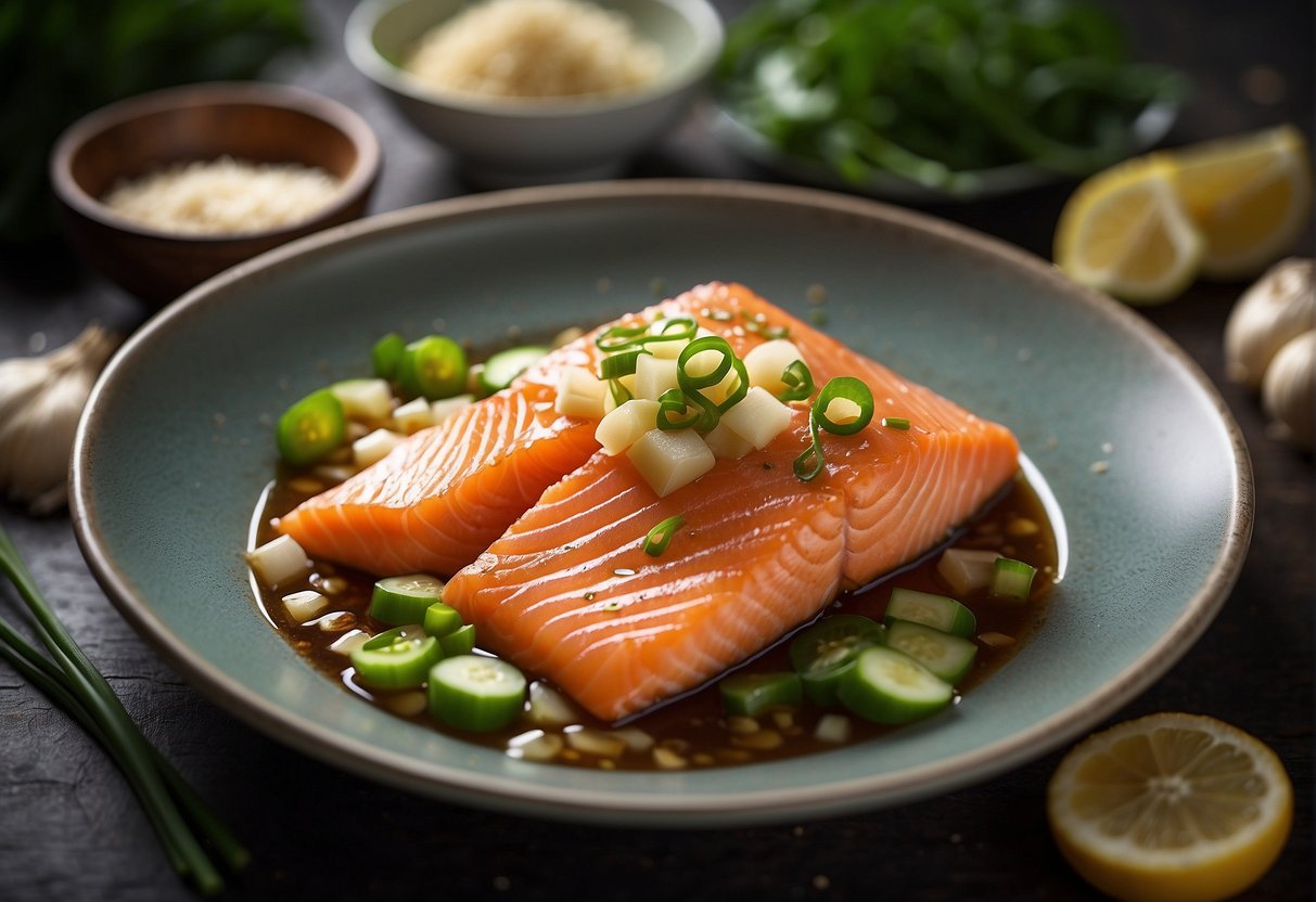 Fresh salmon, ginger, garlic, and scallions are chopped. They are then simmered in a flavorful broth with soy sauce and sesame oil