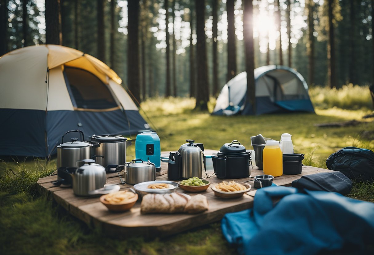 A campsite with a neatly organized living space: tent pitched on flat ground, sleeping bags neatly rolled, cooking supplies arranged on a table, and a designated area for storing food and supplies