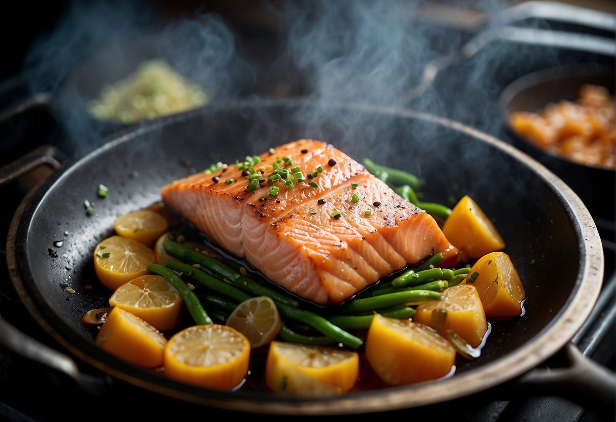 Salmon fillet sizzling in a wok with ginger, garlic, and soy sauce. Steam rising, vibrant colors, and aromatic steam filling the air