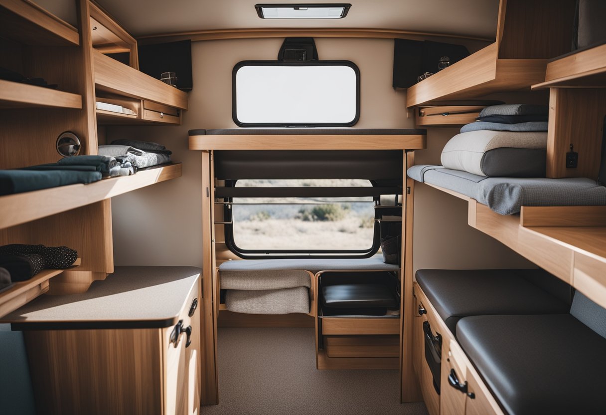 A neatly organized RV interior with labeled storage bins, collapsible furniture, and hanging organizers for camping gear