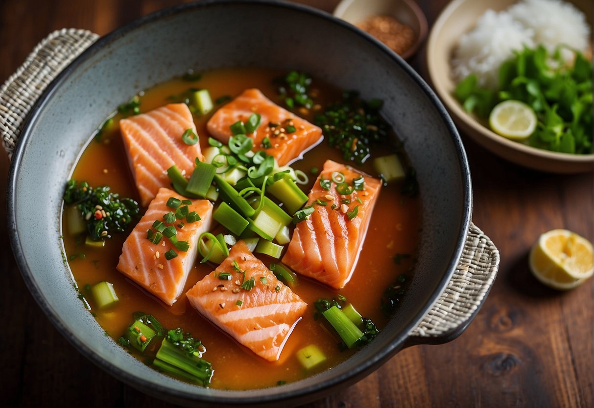 Salmon chunks simmer in a fragrant broth with ginger, garlic, and scallions. A wok sizzles with soy sauce and sesame oil