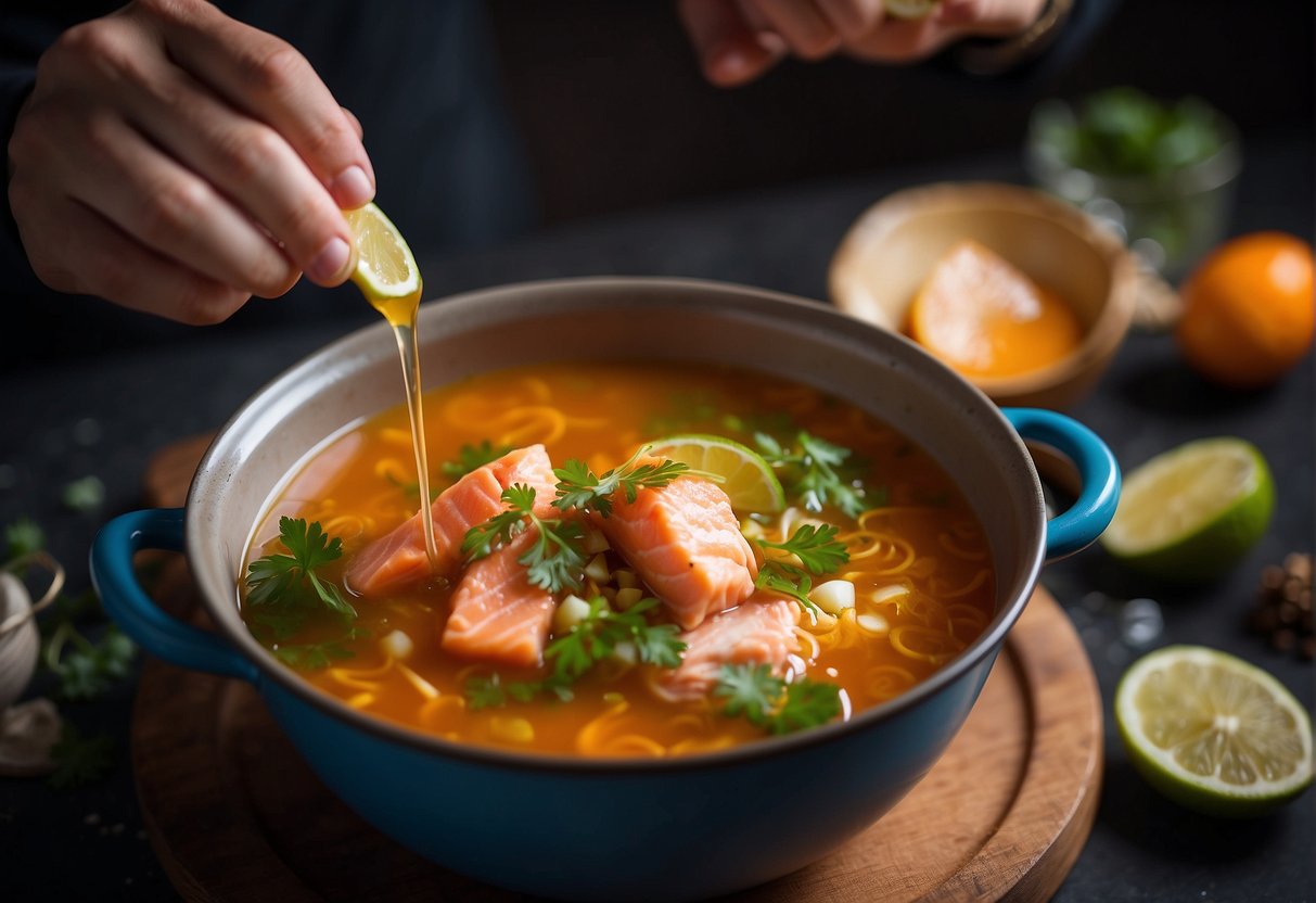 A hand pours fragrant spices into a bubbling pot of salmon soup, infusing it with Chinese flavors