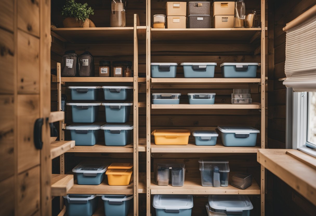 A neatly organized camping living space with labeled storage bins, collapsible shelves, and hanging organizers for gear and supplies