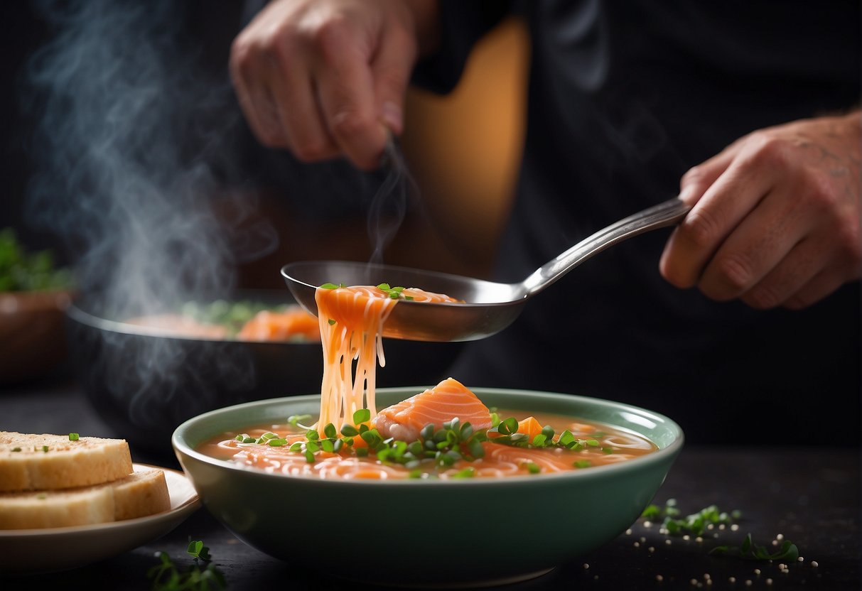 A chef pours steaming salmon soup into a bowl, adding green onions and a sprinkle of sesame seeds for garnish