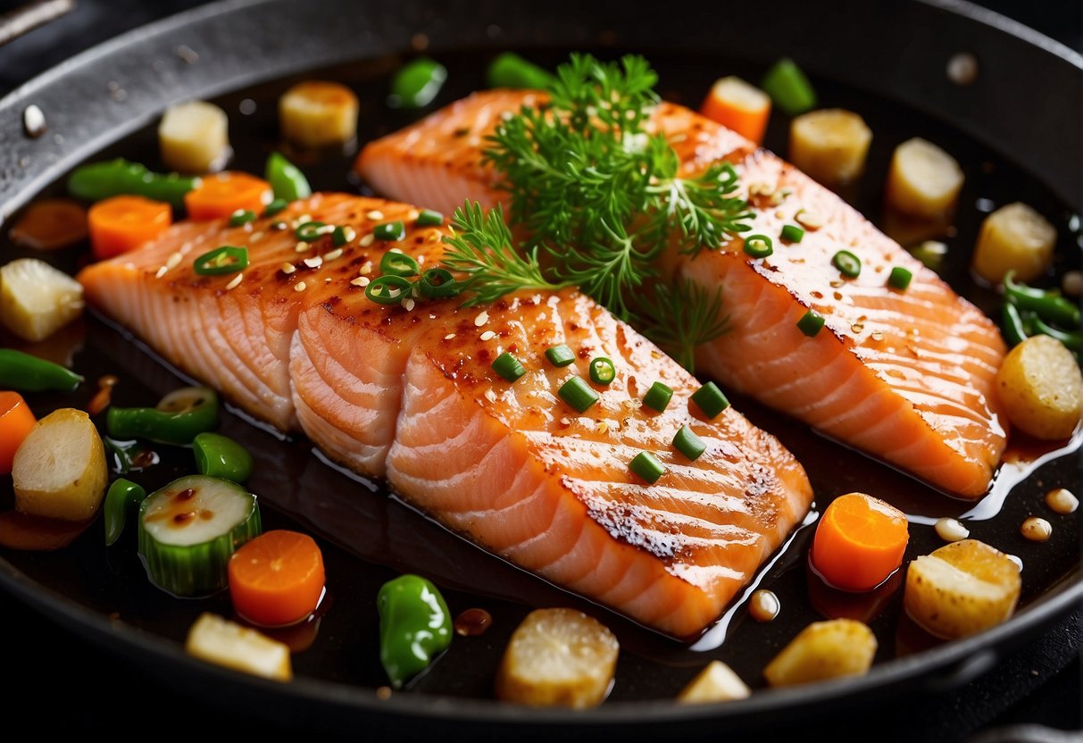 Salmon fillet being marinated in soy sauce, ginger, and garlic. Sizzling on a hot wok with vegetables and savory sauce