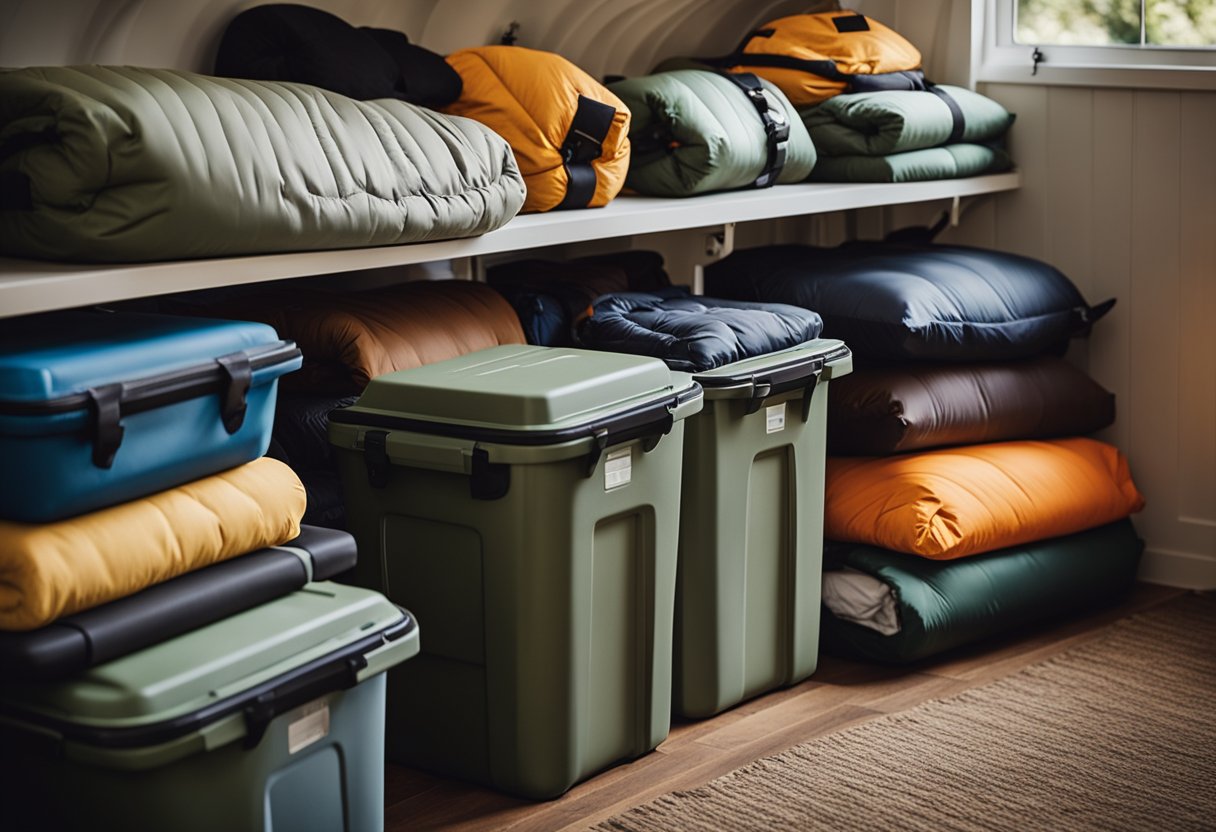 Camping gear neatly arranged in labeled storage bins. Sleeping bags rolled up and stacked, with a clear pathway through the living space. A small table with cooking supplies and a lantern