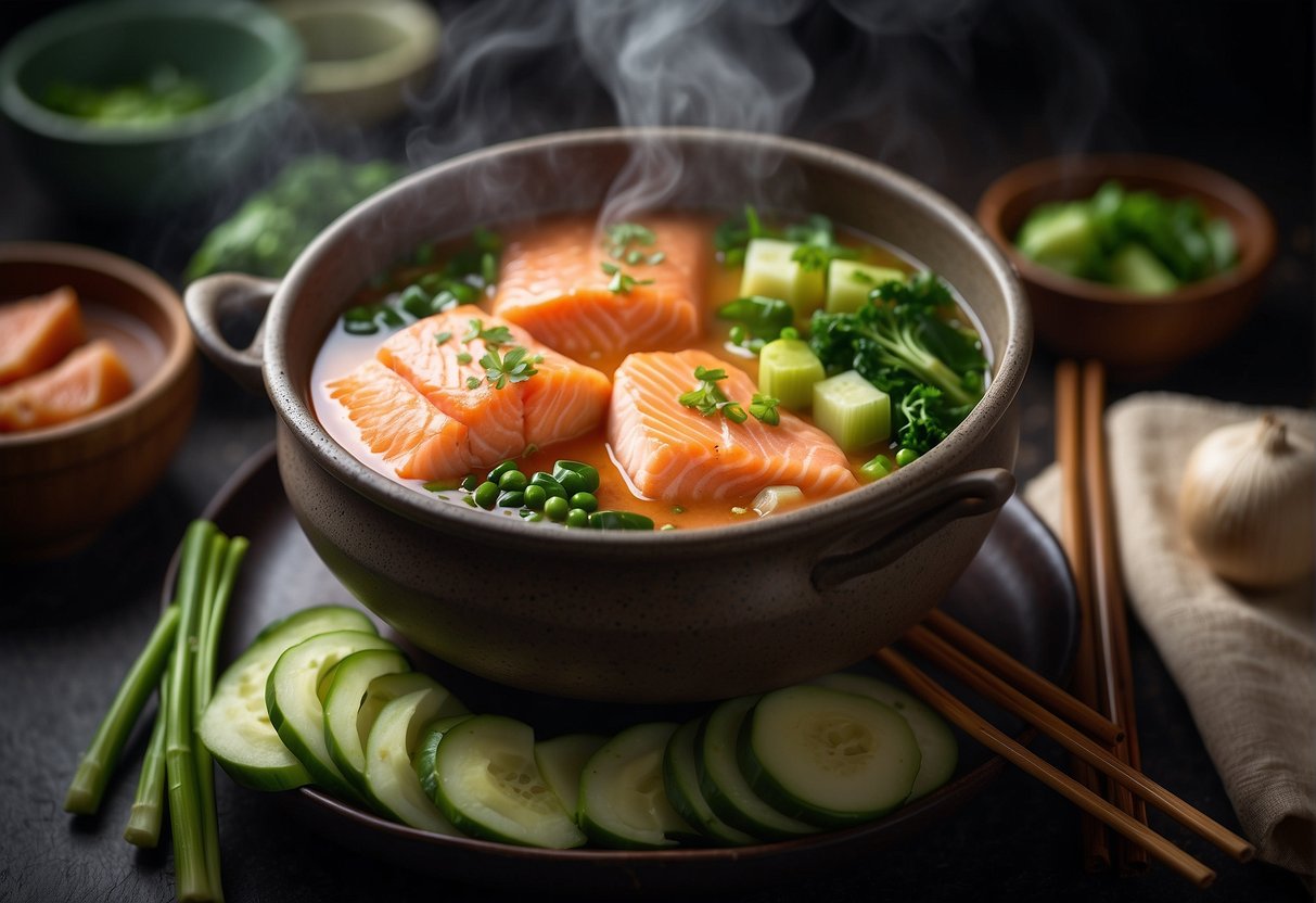 A steaming pot of salmon soup surrounded by traditional Chinese ingredients like ginger, scallions, and bok choy. A pair of chopsticks rests on the side