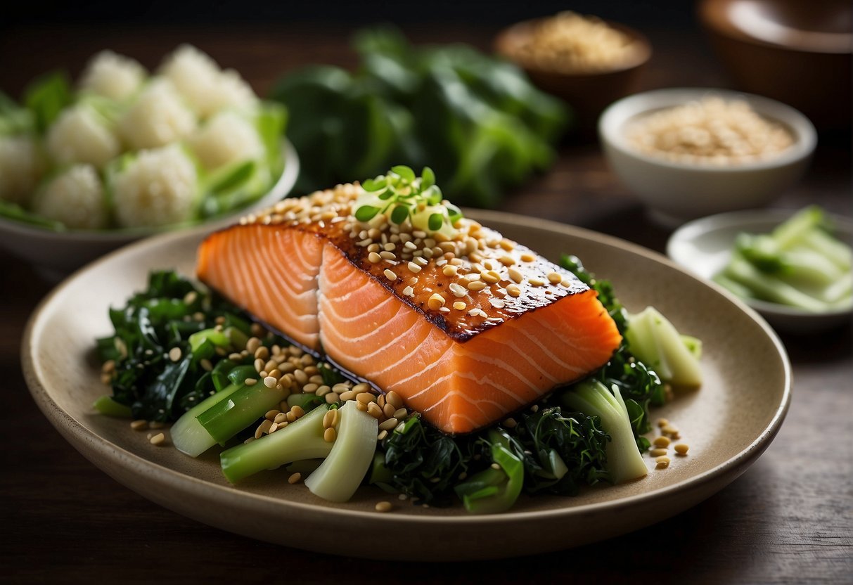 A platter of Chinese-style salmon, garnished with sesame seeds and green onions, is elegantly presented on a bed of steamed bok choy