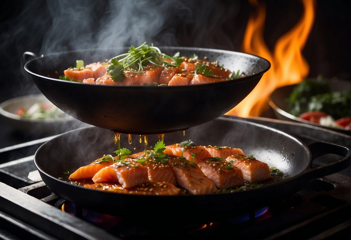 A sizzling wok filled with marinated salmon, stir-frying in a fragrant blend of Chinese spices and sauces. Steam rising, chopsticks poised