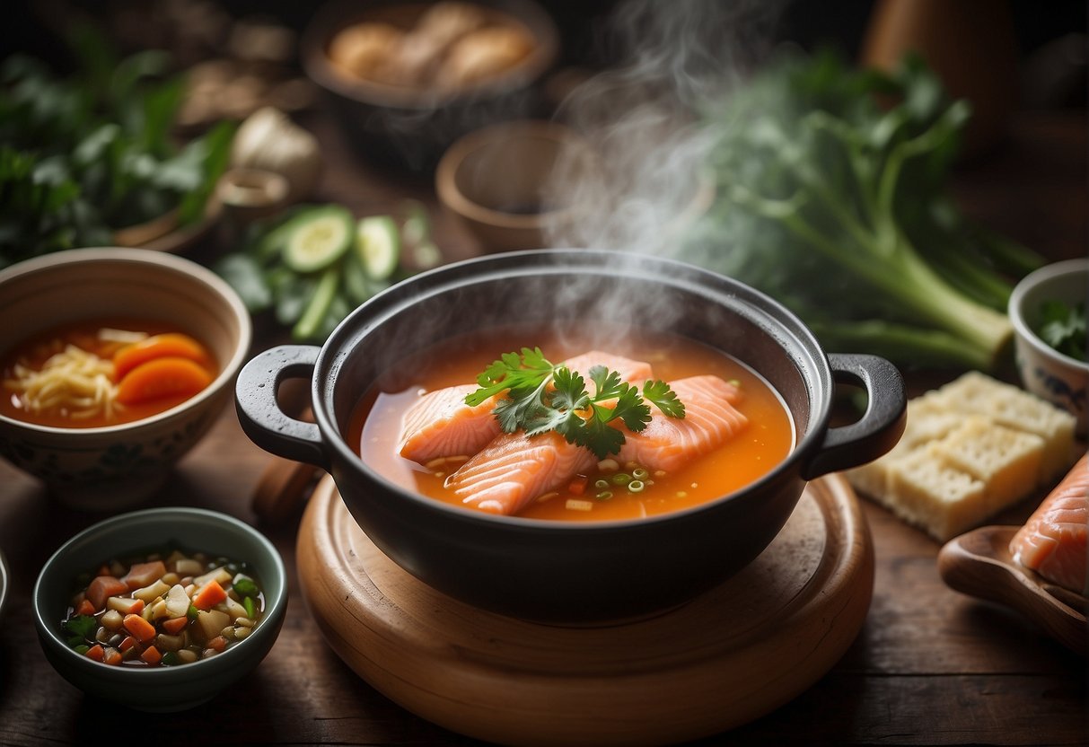 A steaming pot of salmon soup surrounded by traditional Chinese cooking ingredients and utensils