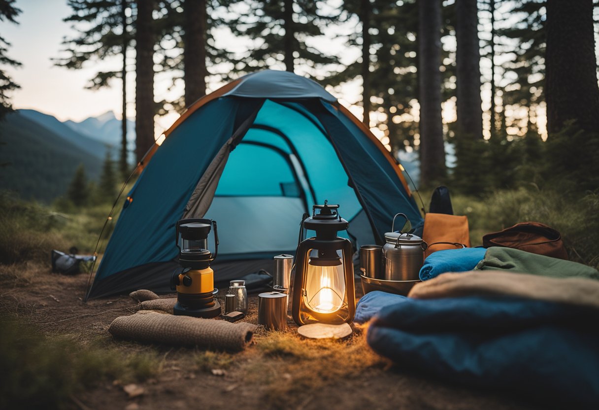 A tent with neatly arranged sleeping bags and personal items. A small table with camping supplies and a lantern. A family sitting around a campfire, organizing their living space