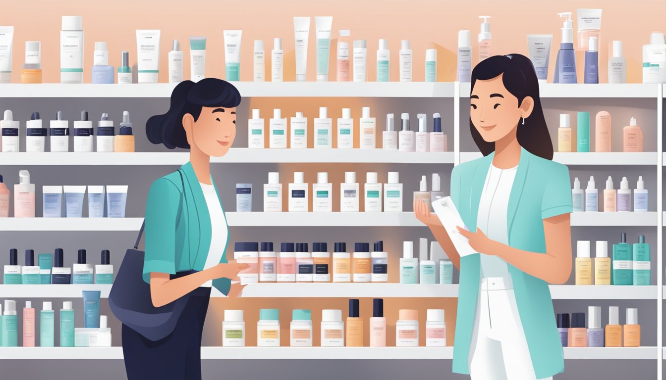A bustling skincare store in Singapore, shelves lined with dermalogica products, a friendly salesperson assisting a customer