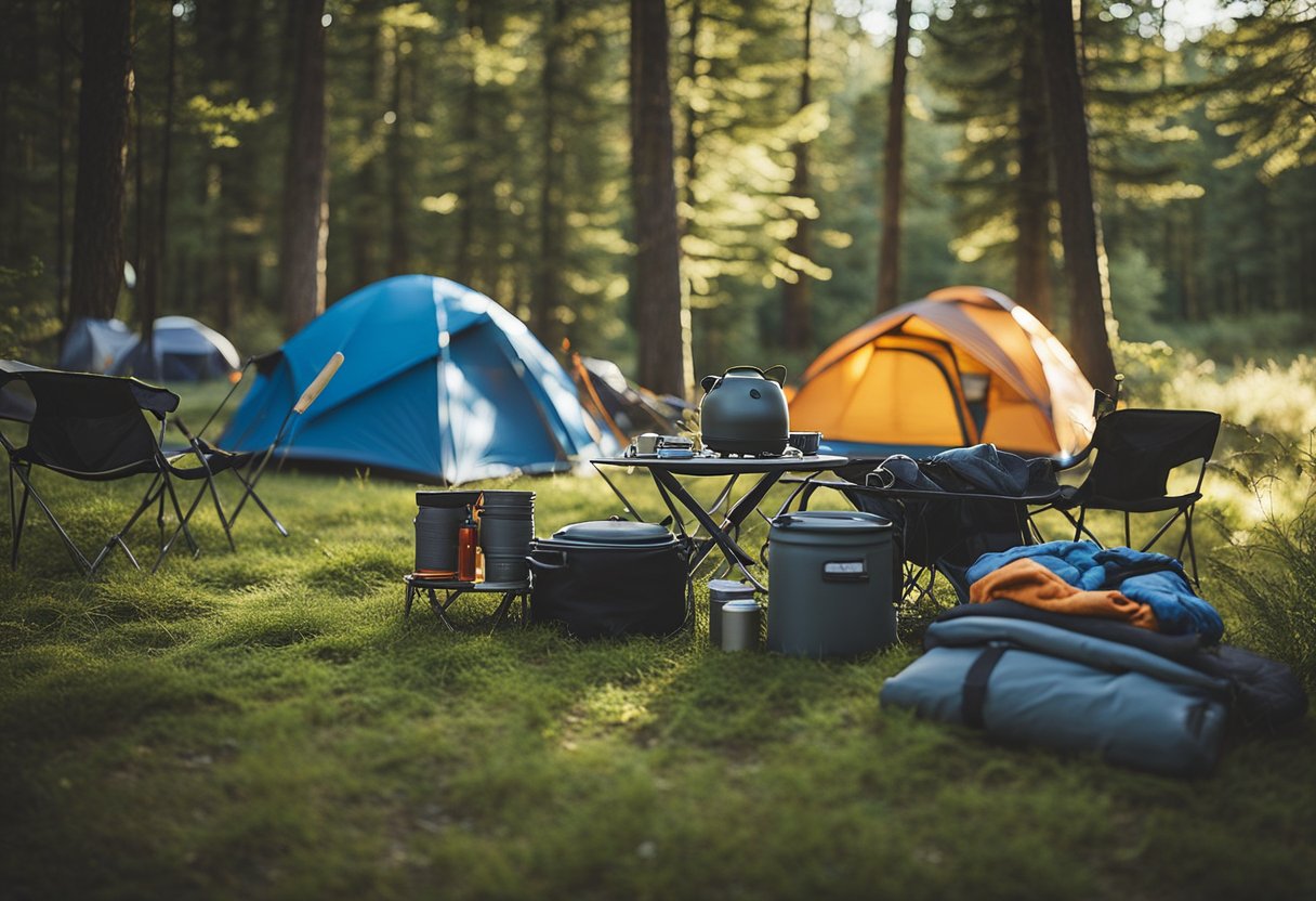 A campsite with neatly organized outdoor gear, including tents, sleeping bags, and cooking equipment. A designated area for each item, creating a tidy and efficient living space