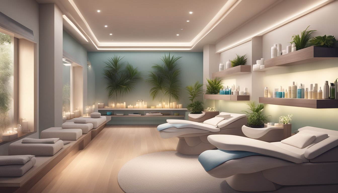 A serene spa environment with shelves of Dermalogica products, soft lighting, and a comfortable treatment chair for a relaxing skin care experience