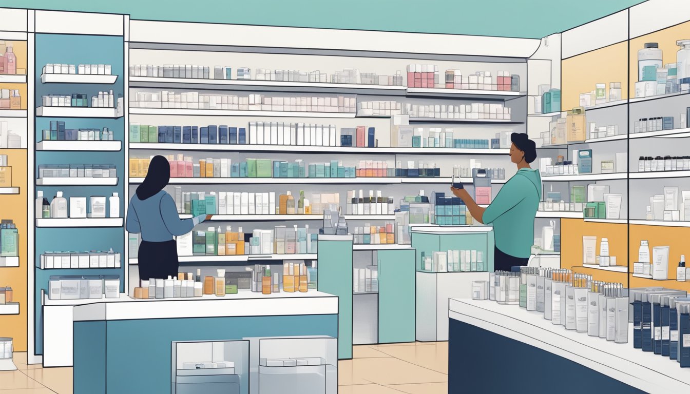 A bustling skincare store with shelves of dermalogica products, customers browsing, and a helpful salesperson assisting