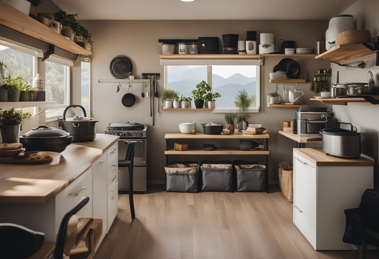 A neatly organized camping living space with labeled storage bins, foldable furniture, and a compact kitchen setup. A checklist on the wall outlines routine maintenance tasks