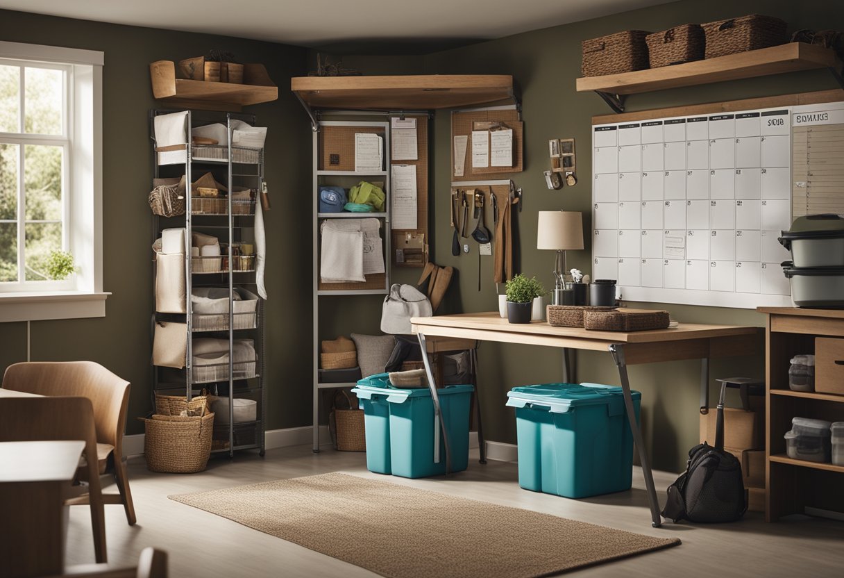 A neatly organized camping living space with labeled bins, hanging storage, and collapsible furniture. A checklist and calendar are displayed on a bulletin board for easy reference