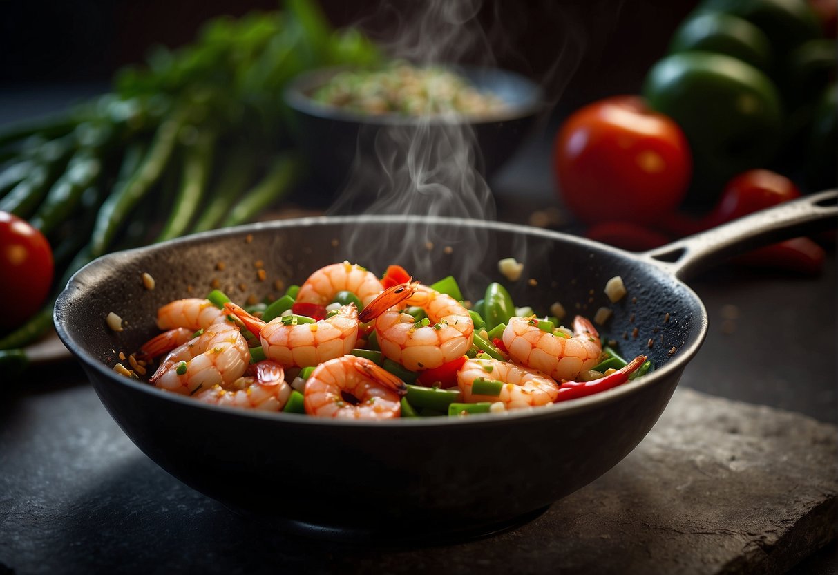 A sizzling wok tosses plump prawns, coated in a savory blend of salt and pepper, releasing a fragrant aroma. Green scallions and red chili peppers add a pop of color to the dish