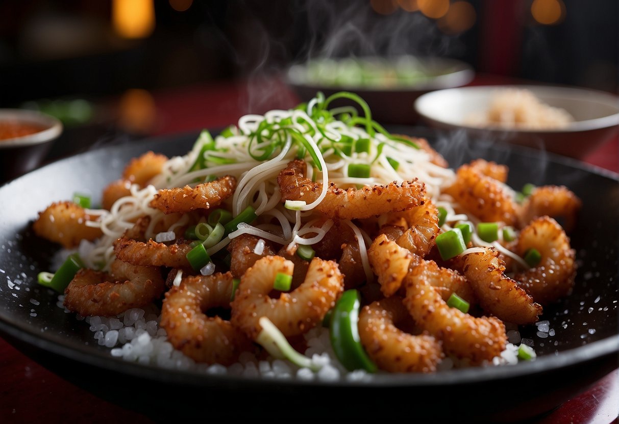 A wok sizzles with crispy squid coated in salt and pepper, garnished with green onions and red chili, ready to be served in a Chinese restaurant