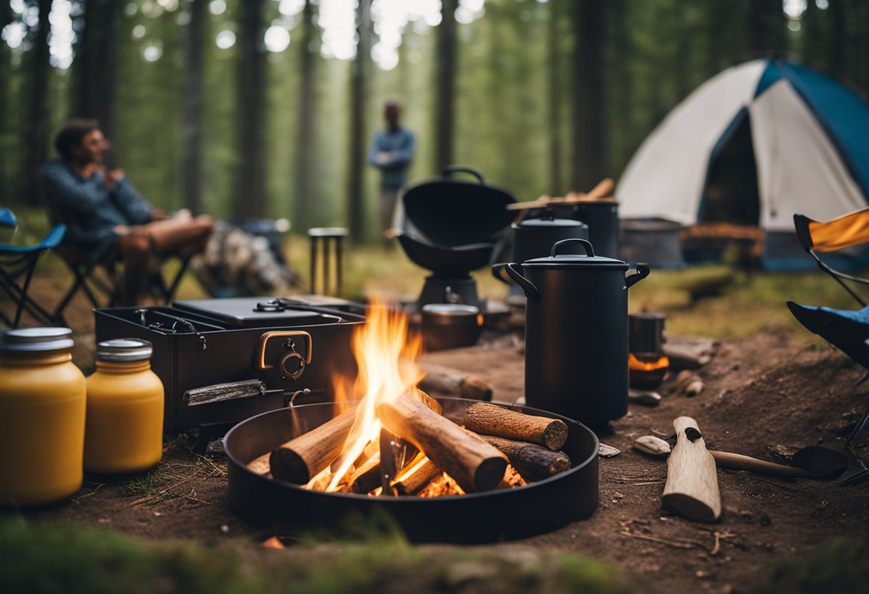 A well-organized camping living space with neatly arranged gear, a tidy cooking area, and a cozy seating arrangement around a campfire