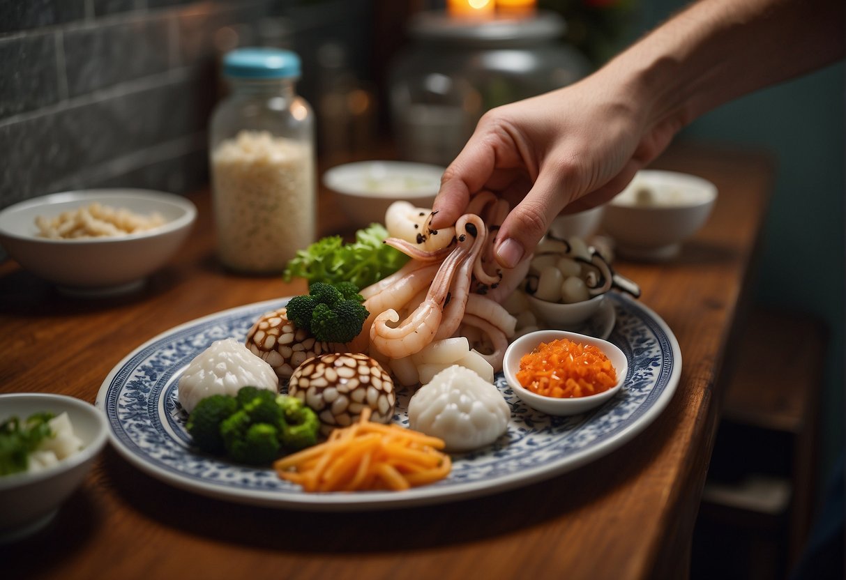 A hand reaches for salt and pepper shakers next to a plate of fresh squid and various Chinese ingredients
