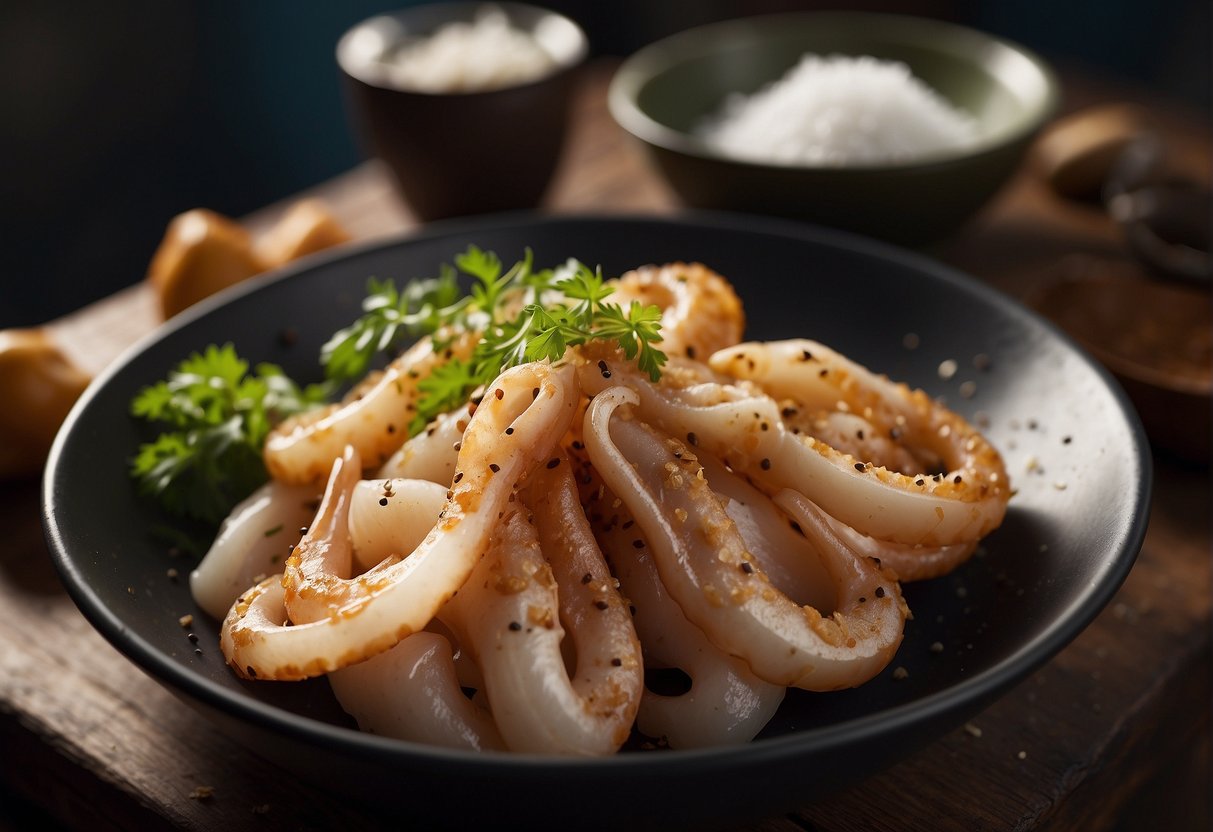Squid being seasoned with salt and pepper in a Chinese kitchen