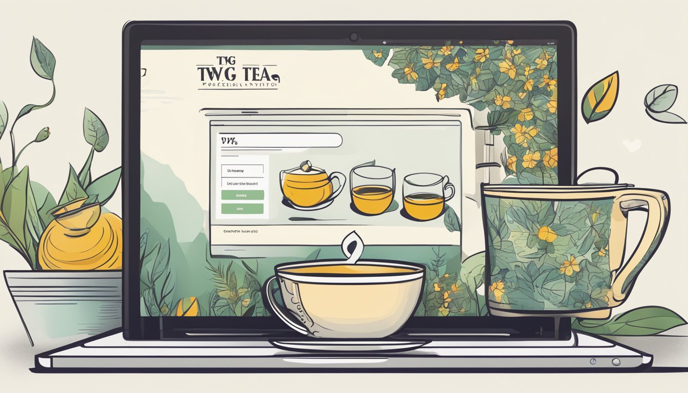 A laptop displaying the TWG tea website, with a cursor clicking on the "buy now" button. A cup of tea and a teapot sit nearby