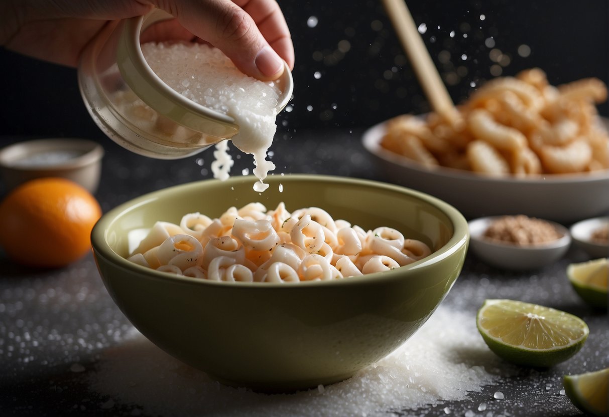 A hand pours batter over a bowl of squid, then dips it into a mixture of salt and pepper