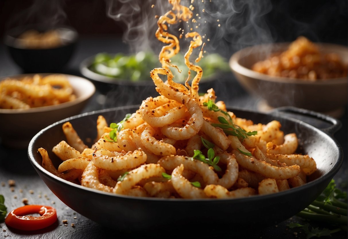 A sizzling wok fries salt and pepper squid to perfection in a Chinese kitchen. Steam rises as the crispy, golden squid is tossed with fragrant spices