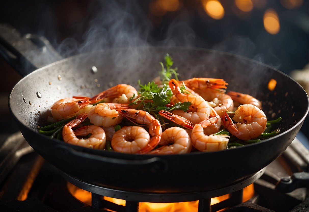 A sizzling wok holds sizzling prawns, seasoned with salt and pepper. Aromatic steam rises, as the prawns turn golden and crispy