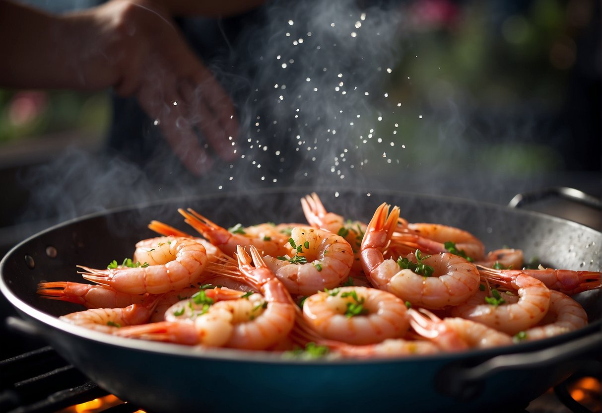 Prawns being seasoned with salt and pepper, then tossed in a wok over high heat. The prawns sizzle and turn pink as they cook