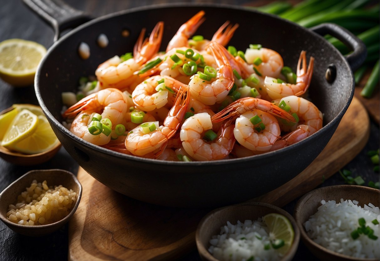 Prawns seasoned with salt and pepper, sizzling in a hot wok, surrounded by chopped garlic, ginger, and green onions