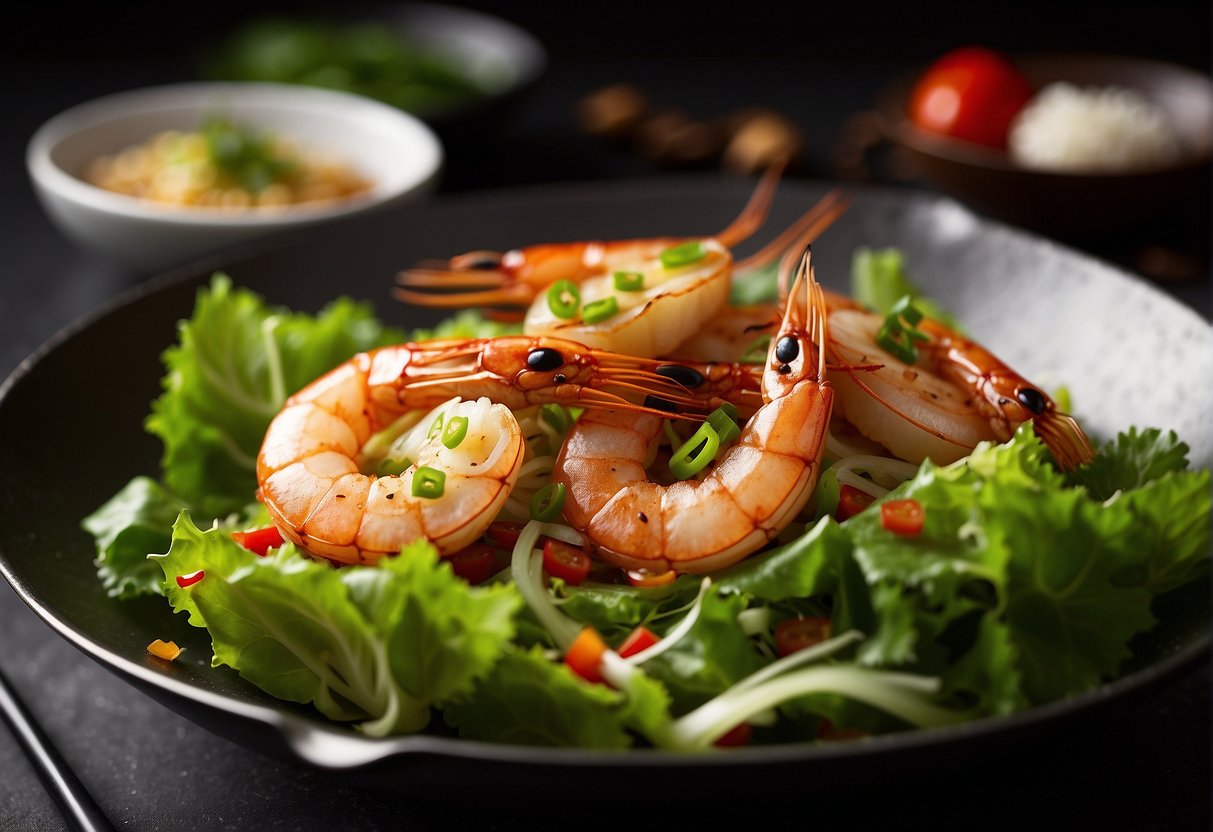 Golden-brown prawns in a sizzling wok, garnished with finely chopped green onions and red chili flakes, served on a bed of crispy lettuce leaves